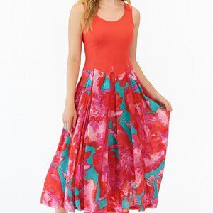 Vasna Coral Pink Tropical Floral Hawaiian Fit And Flare Midi Dress Size Medium